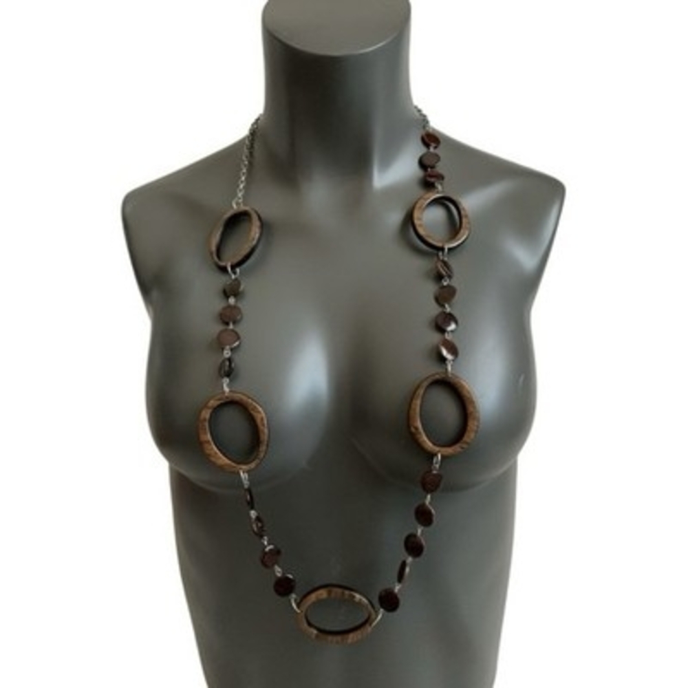 Large Brown Oval Rings Beaded Long Necklace 37.5"